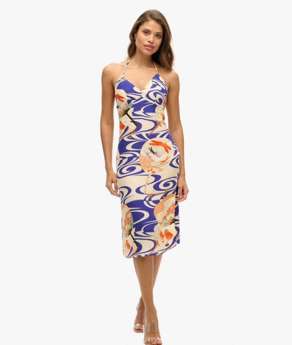Superdry Printed Midi Slip Dress Ryusui Blue Koi Fish Japanese UK12/Medium US